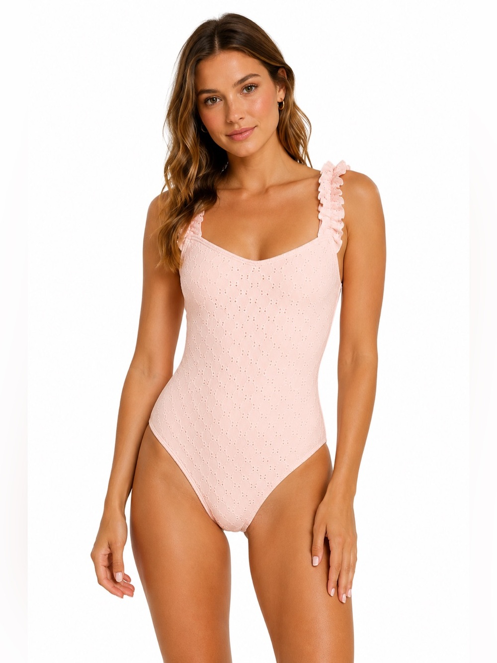 AQUA Swim Petal Pink Eyelet One Piece Swimsuit Eyelet Ruffle Strap NWT Small